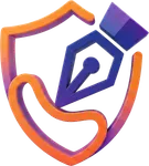 Ícono 3D de un escudo con una pluma de diseño en naranja y azul