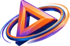 Ícono 3D de un botón de reproducir rodeado de anillos naranja y morado