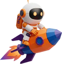 Mascota robot de WILDE SERVICE volando en un cohete naranja