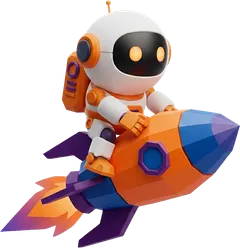 Mascota robot de WILDE SERVICE volando en un cohete naranja