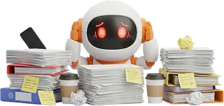 Mascota robot de WILDE estresada entre pilas de papeles, tazas de café y notas