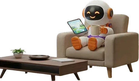 Mascota robot de WILDE relajada en un sofá con una tableta y una taza